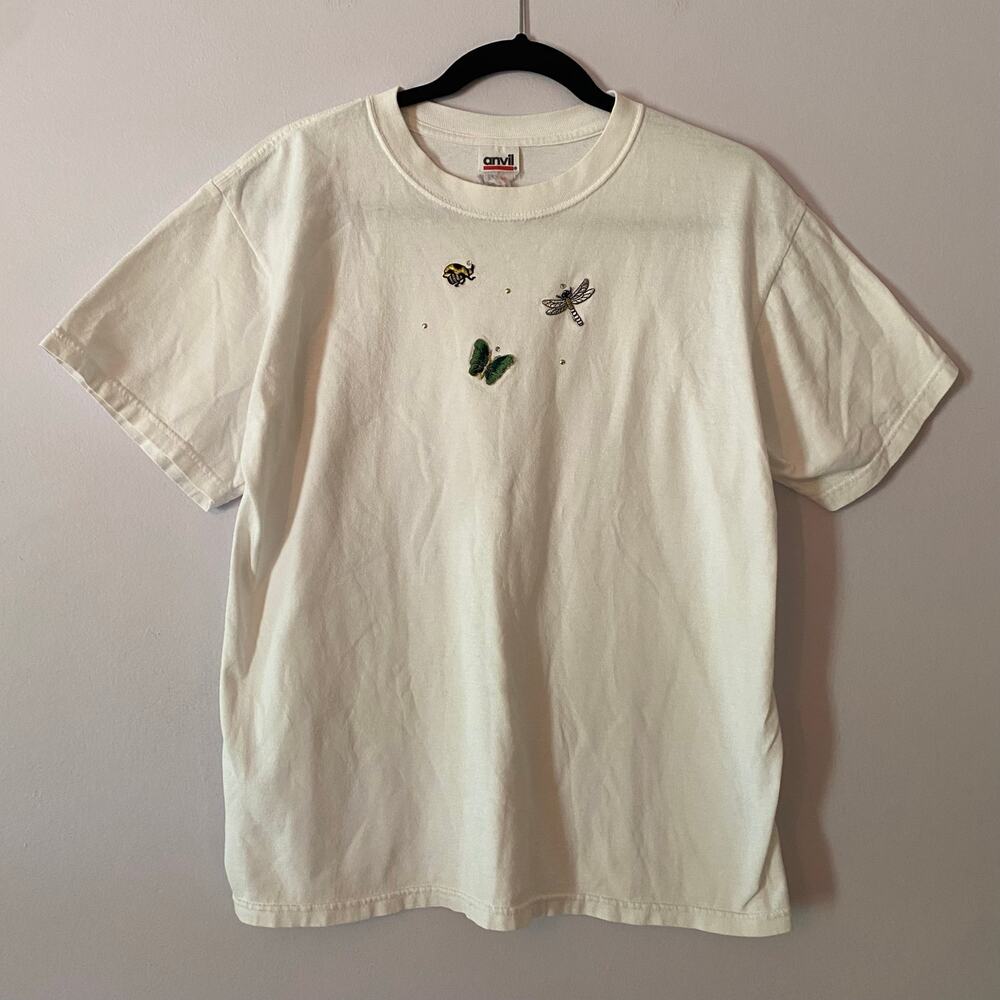 Anvil White Bug Patch Rhinestone Short Sleeve Tee T-shirt Cotton Women's Large